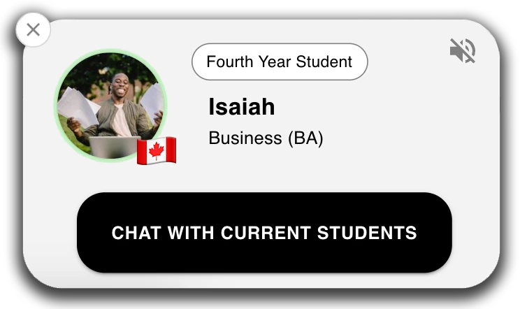 CampusThreads website widget pop-card inviting prospective students to chat with a student ambassador