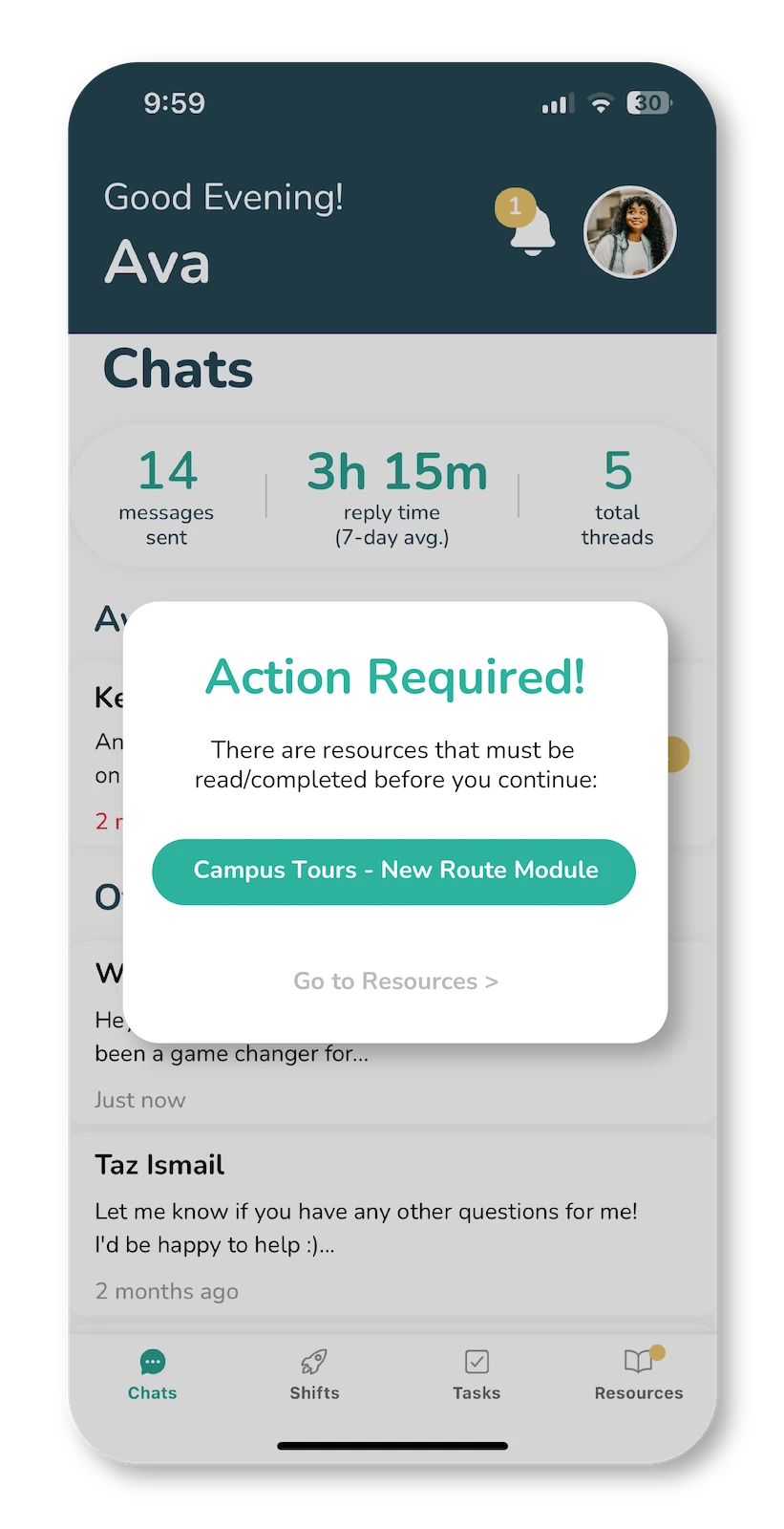 CampusThreads ambassador to prospect chat in the admin dashboard