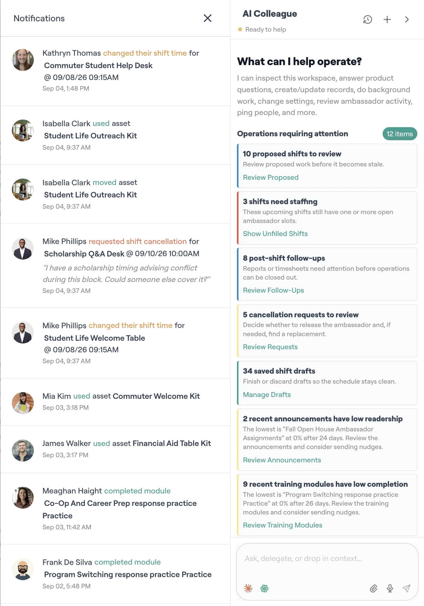 CampusThreads AI colleague beside notifications showing recent ambassador activity