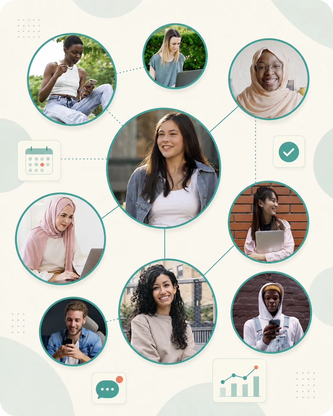 Eight student ambassadors connected through scheduling, training, communication, and program reporting