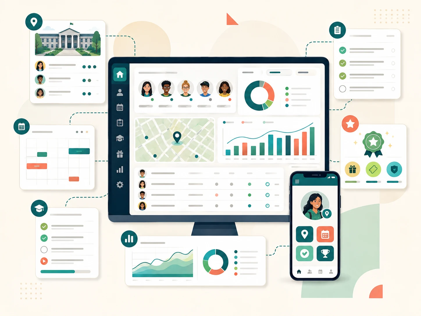 Illustration of CampusThreads managing ambassadors, campus visits, training, schedules, rewards, and program reporting