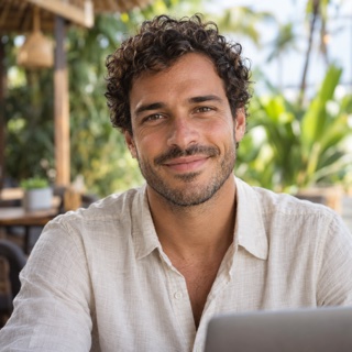 Illustrative digital nomad at an outdoor workspace